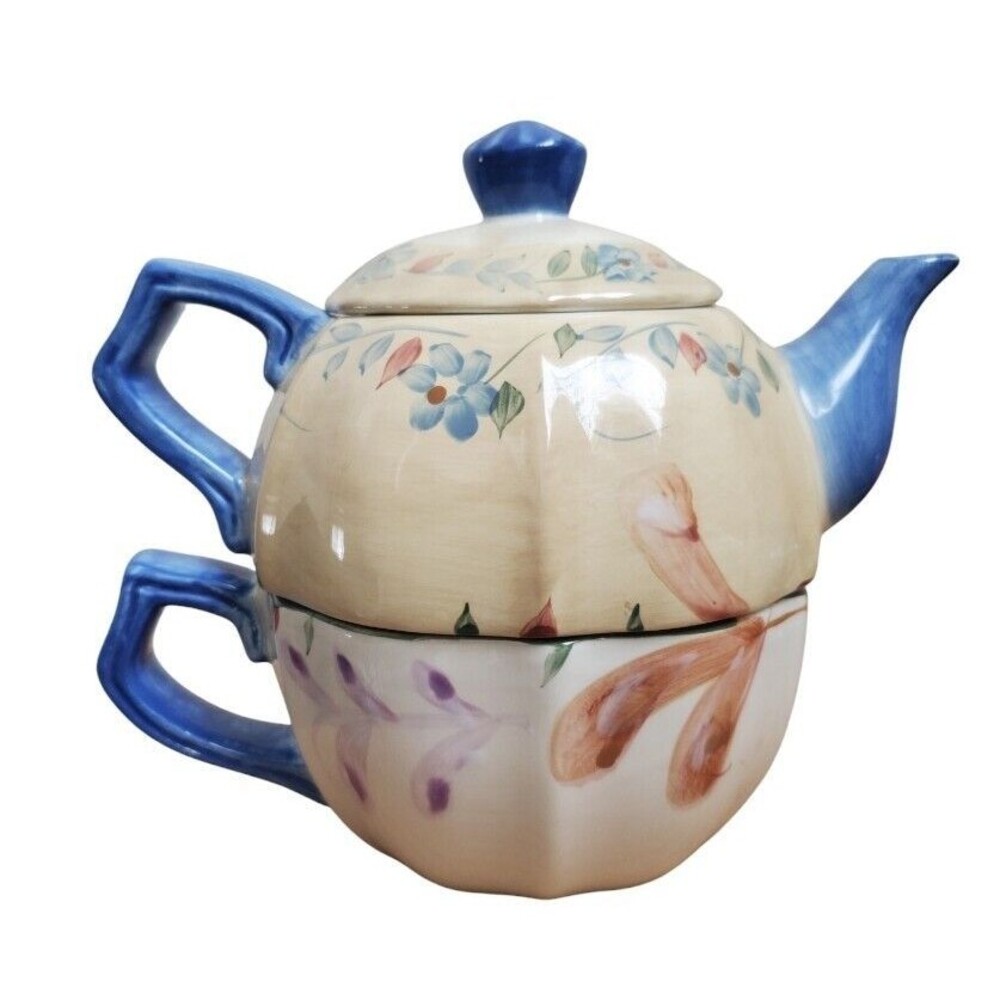 Taylor Mae Teapot Noble Excellence Stacking Floral Blue Beige Nesting FLAW READ